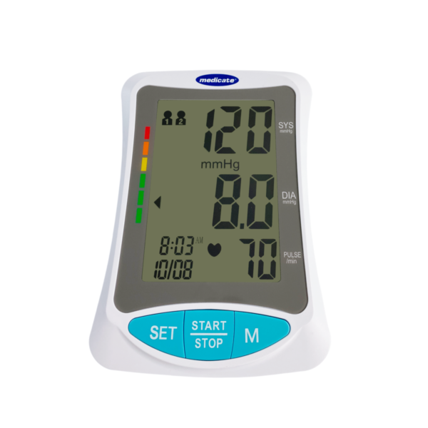 Aparelho-medidor-de-pressão-arterial-automático-de-braço-medicate-frente-painel